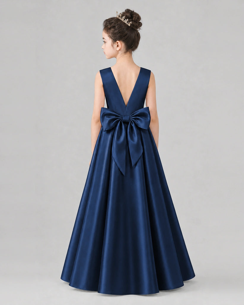 Navy Blue Satin A-line Girls Formal Dress Back View