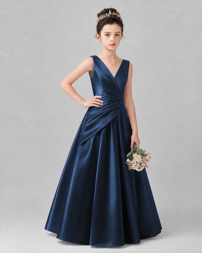 Navy Blue Satin A-line Girls Formal Dress Front View