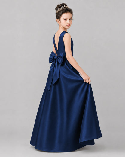 Navy Blue Satin A-line Girls Formal Dress Side View