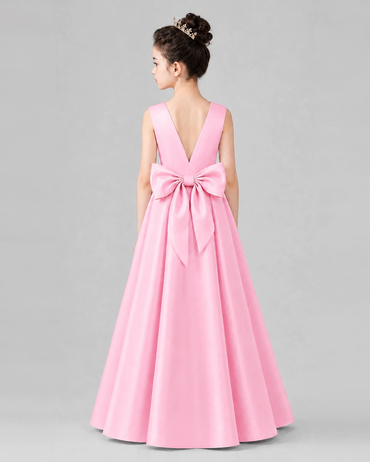 Pink Satin A-line Girls Formal Dress Back View