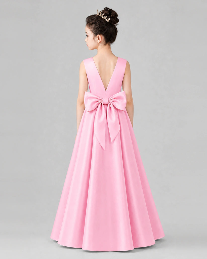 Pink Satin A-line Girls Formal Dress Back View