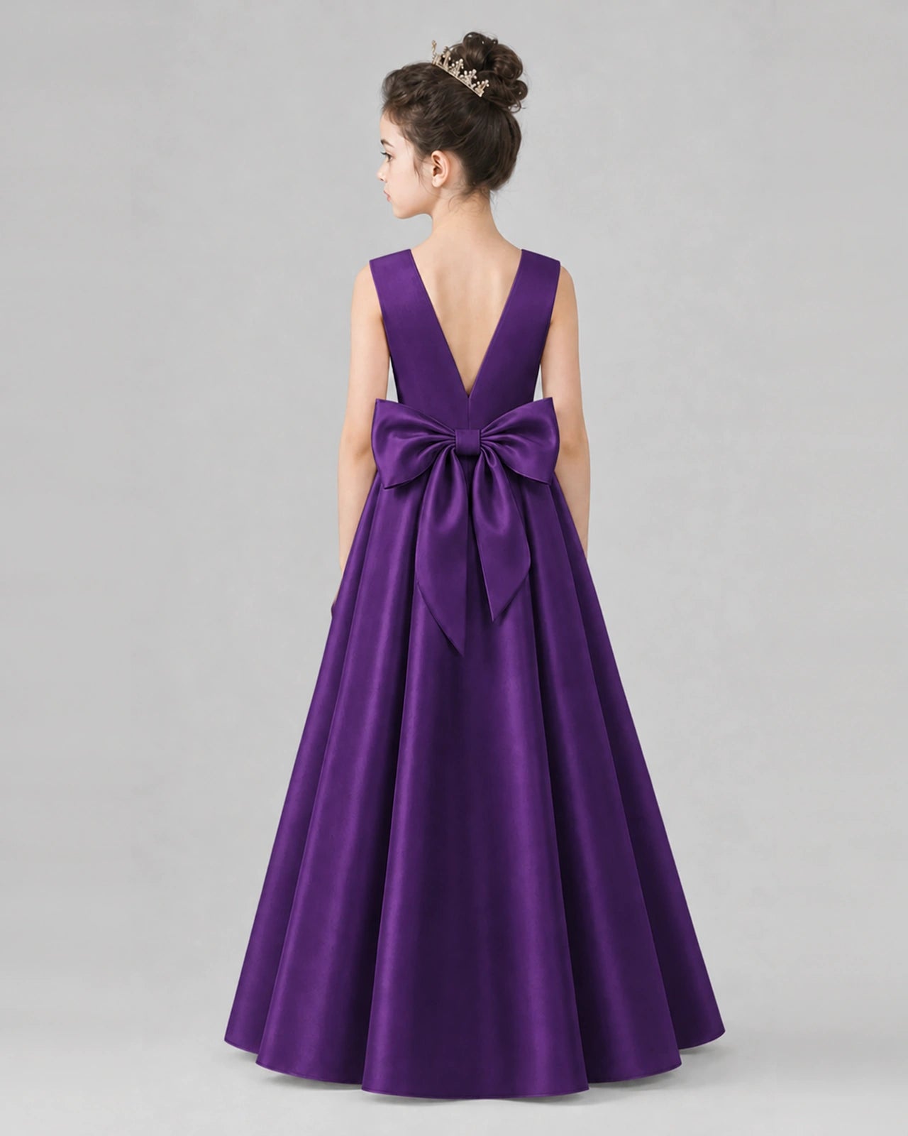 Purple Satin A-line Girls Formal Dress Back View