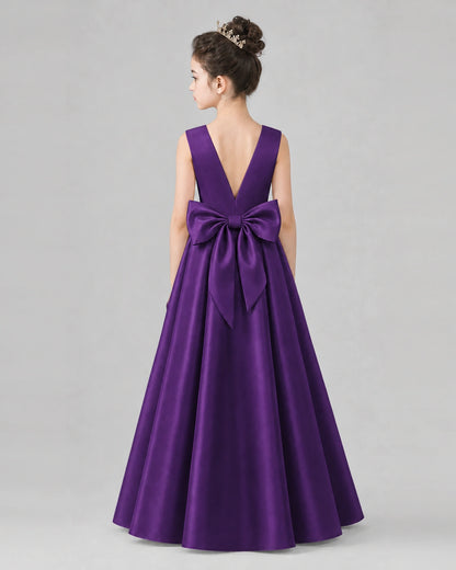 Purple Satin A-line Girls Formal Dress Back View
