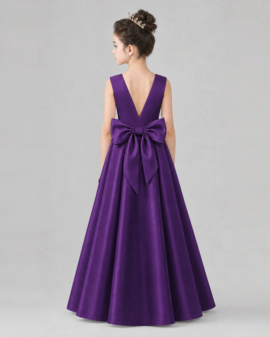 Purple Satin A-line Girls Formal Dress Back View