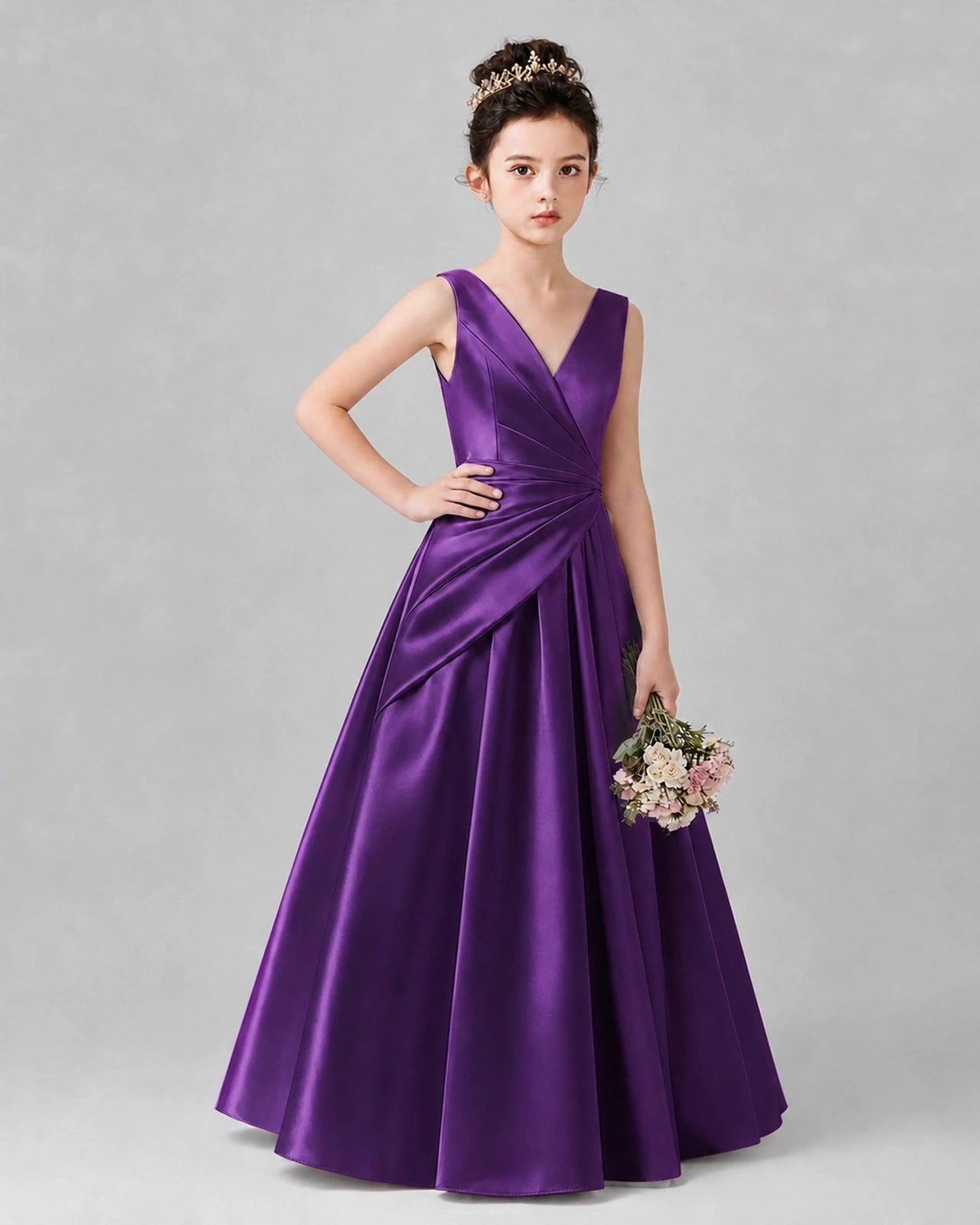 Purple Satin A-line Girls Formal Dress Front View