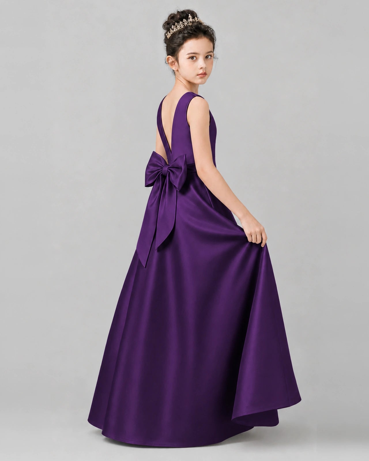 Purple Satin A-line Girls Formal Dress Side View