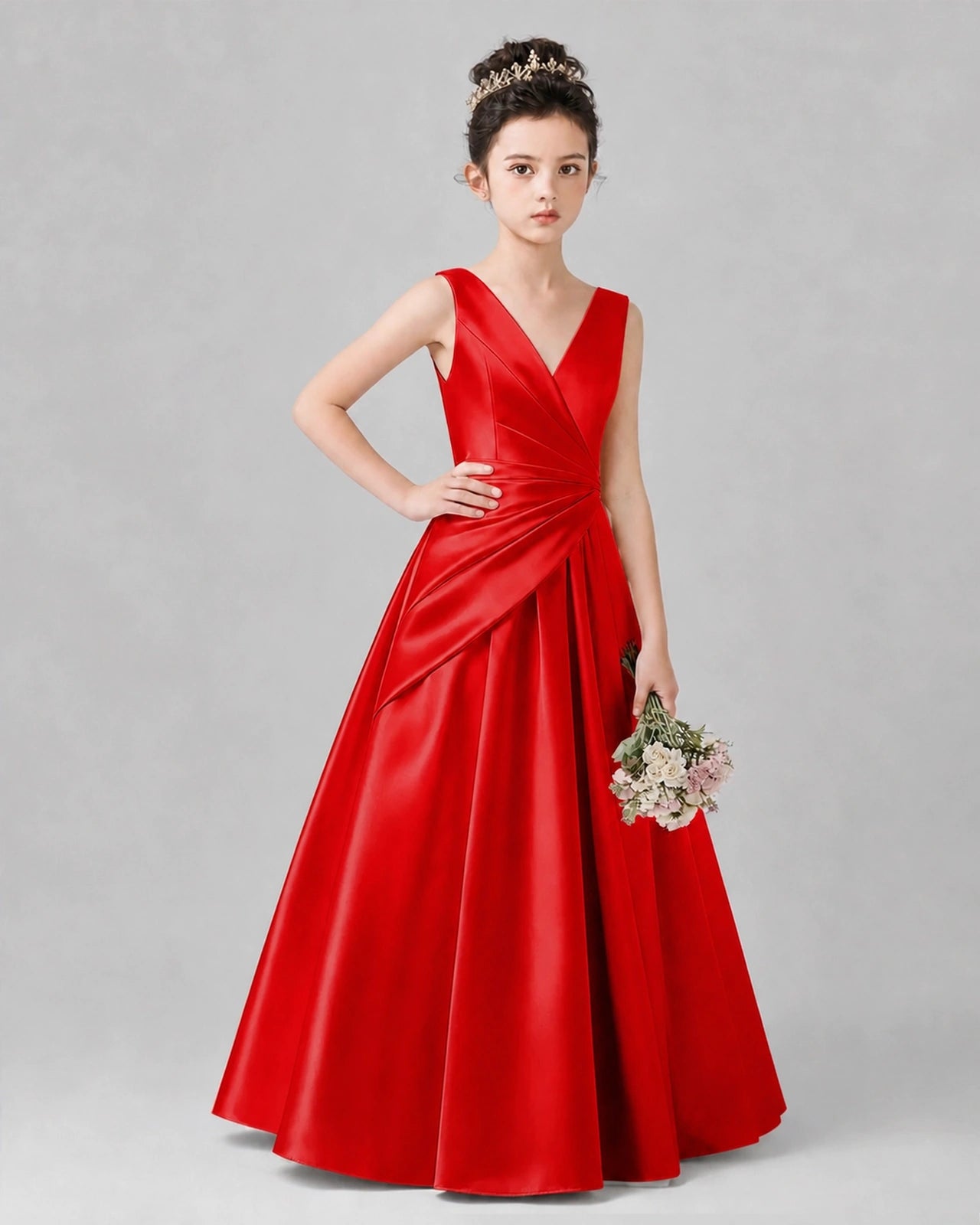 Red Satin A-line Girls Formal Dress Front View
