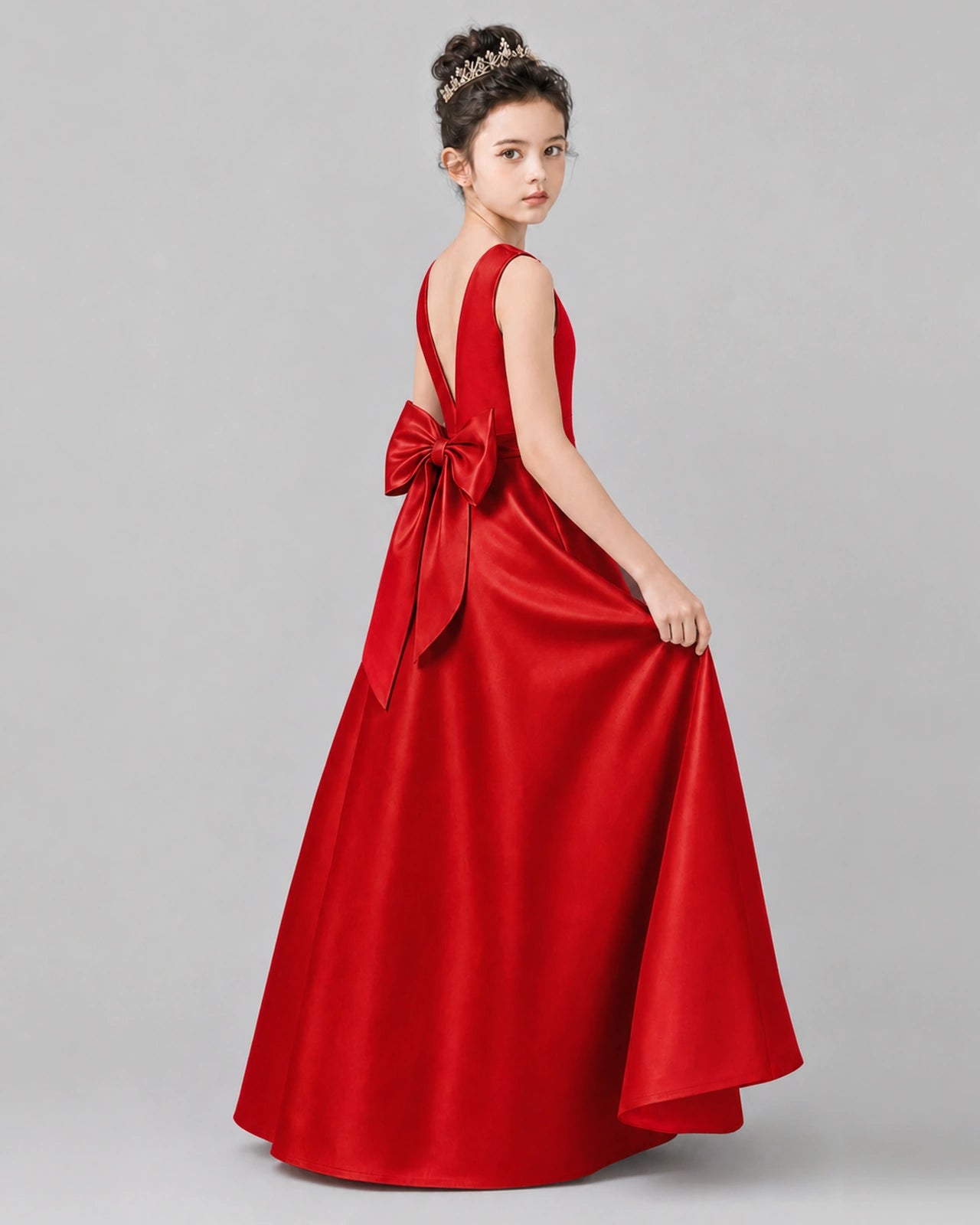 Red Satin A-line Girls Formal Dress Side View