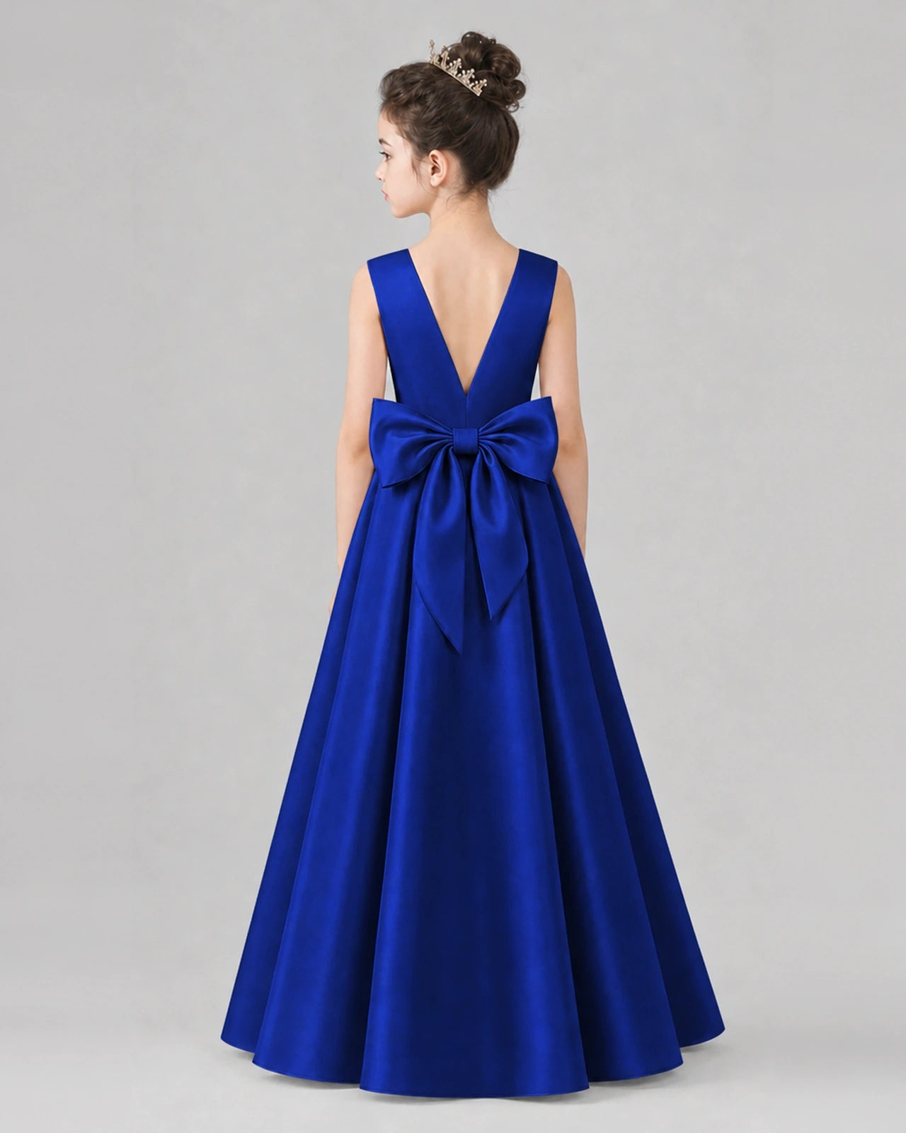 Royal Blue Satin A-line Girls Formal Dress Back View