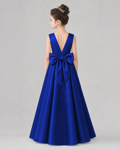 Royal Blue Satin A-line Girls Formal Dress Back View