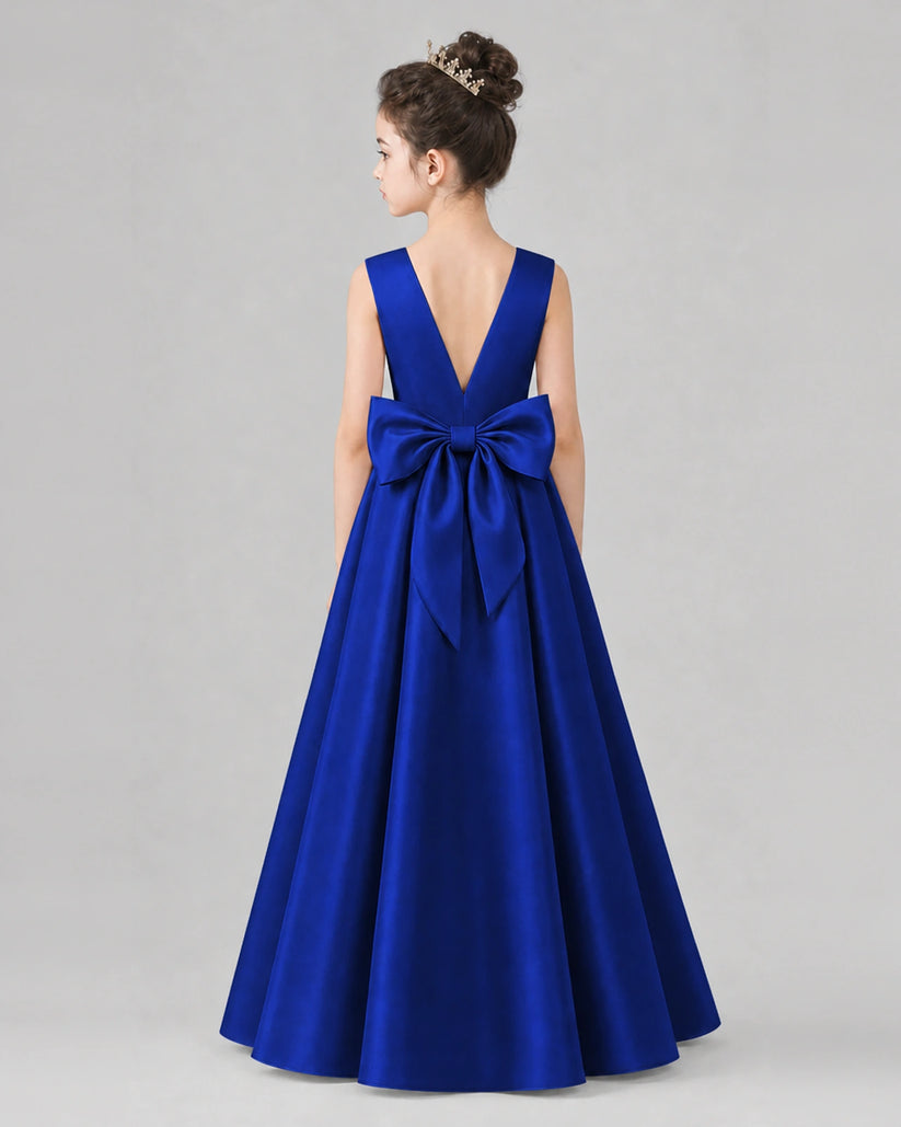 Royal Blue Satin A-line Girls Formal Dress Back View