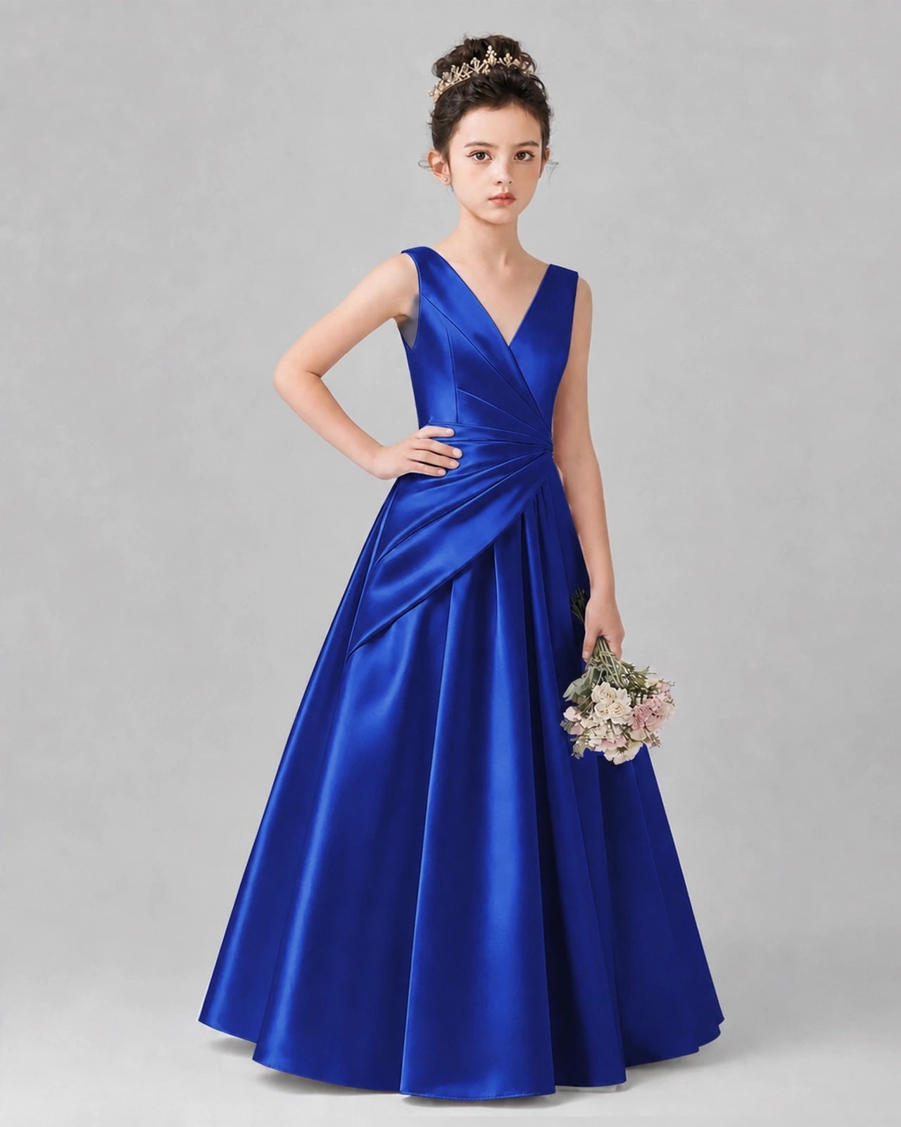 Royal Blue Satin A-line Girls Formal Dress Front View