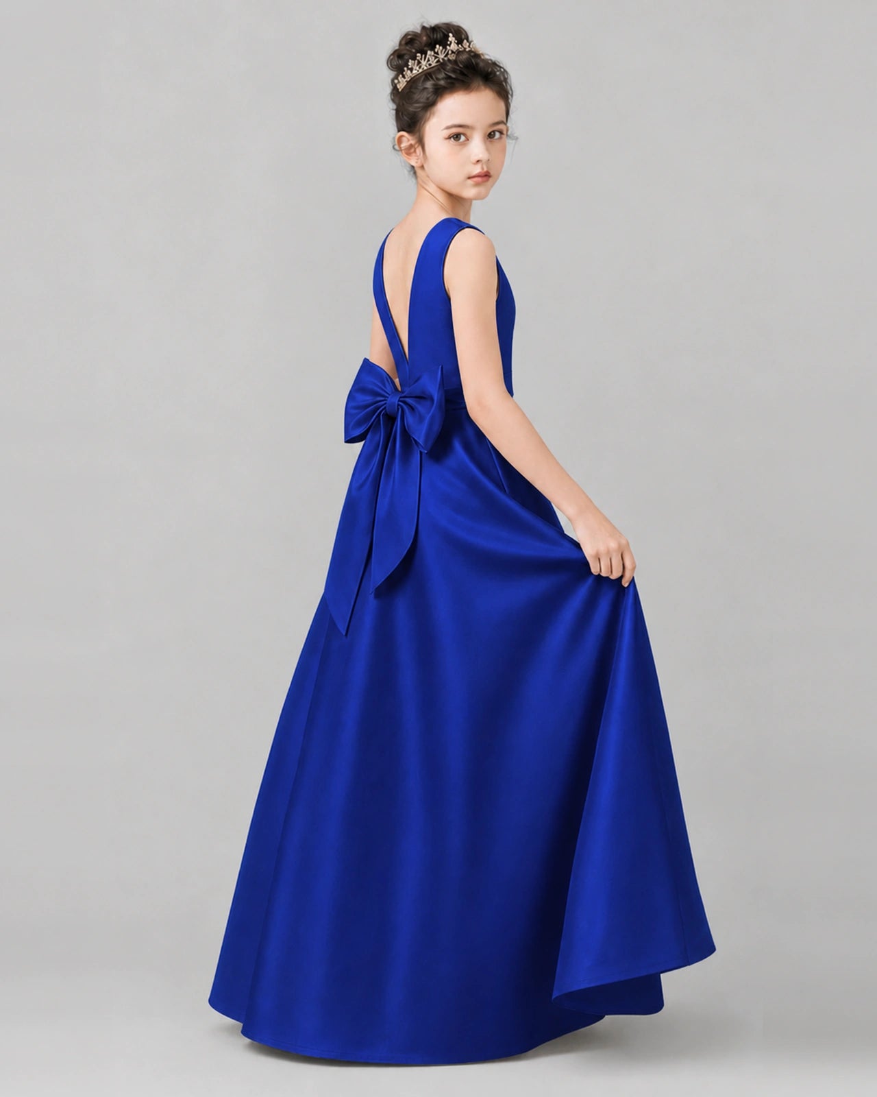 Royal Blue Satin A-line Girls Formal Dress Side View