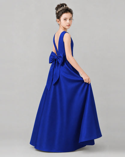 Royal Blue Satin A-line Girls Formal Dress Side View