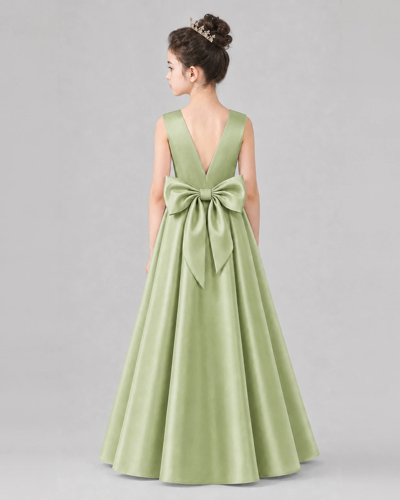 Sage Green Satin A-line Girls Formal Dress Back View