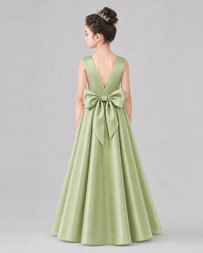 Sage Green Satin A-line Girls Formal Dress Back View