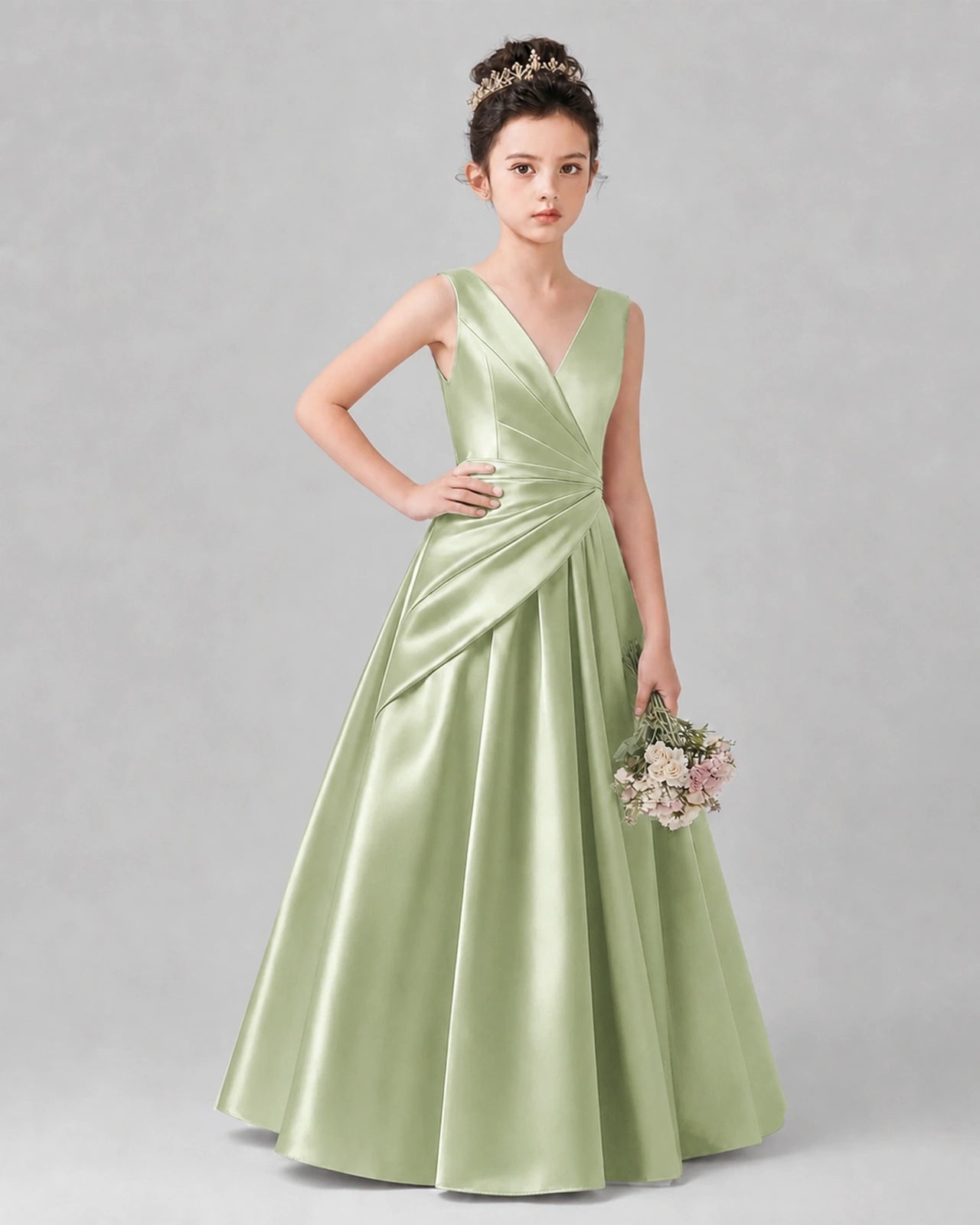 Sage Green Satin A-line Girls Formal Dress Front View