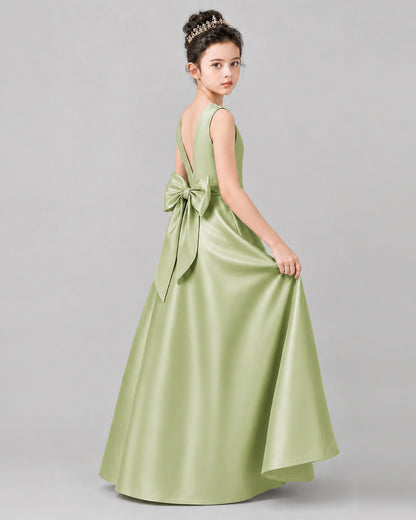 Sage Green Satin A-line Girls Formal Dress Side View