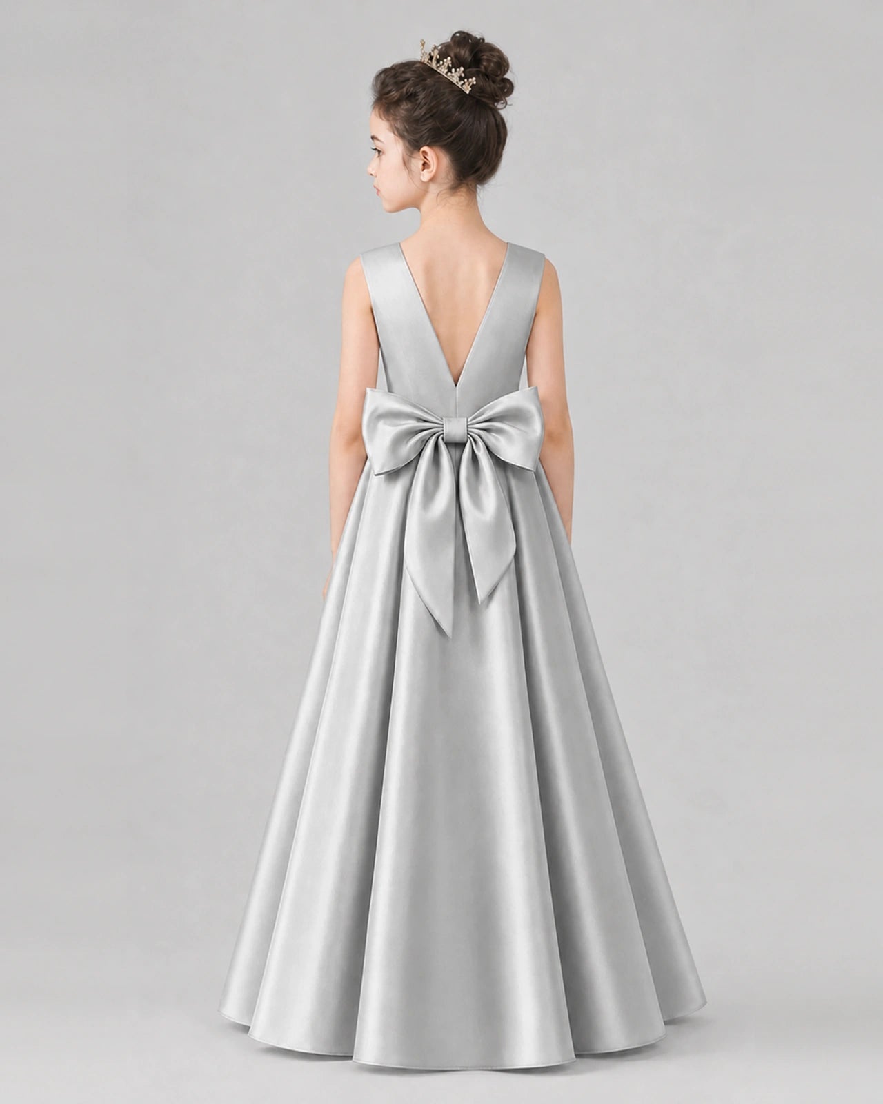 Silver Satin A-line Girls Formal Dress Back View