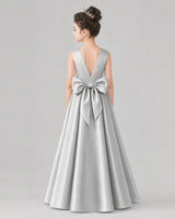 Silver Satin A-line Girls Formal Dress Back View