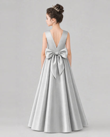 Silver Satin A-line Girls Formal Dress Back View