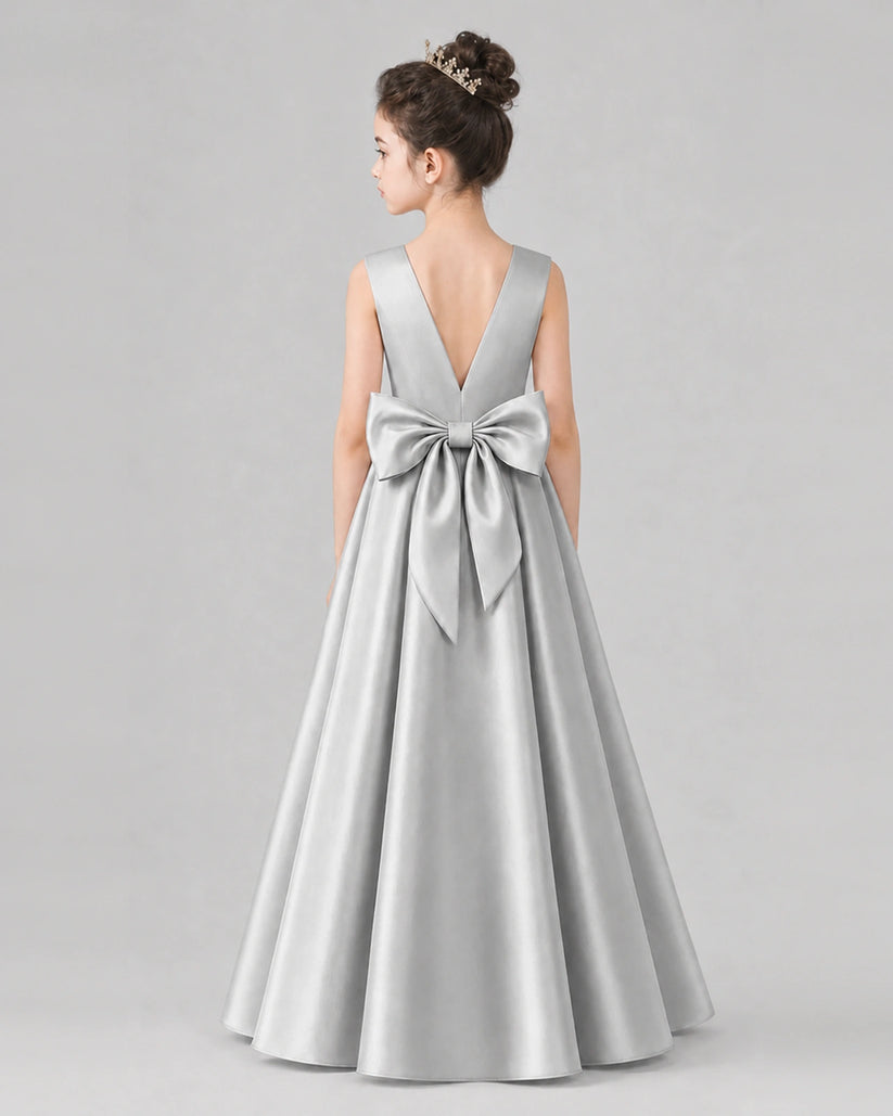 Silver Satin A-line Girls Formal Dress Back View