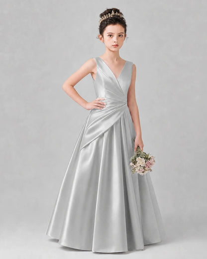 Silver Satin A-line Girls Formal Dress Front View