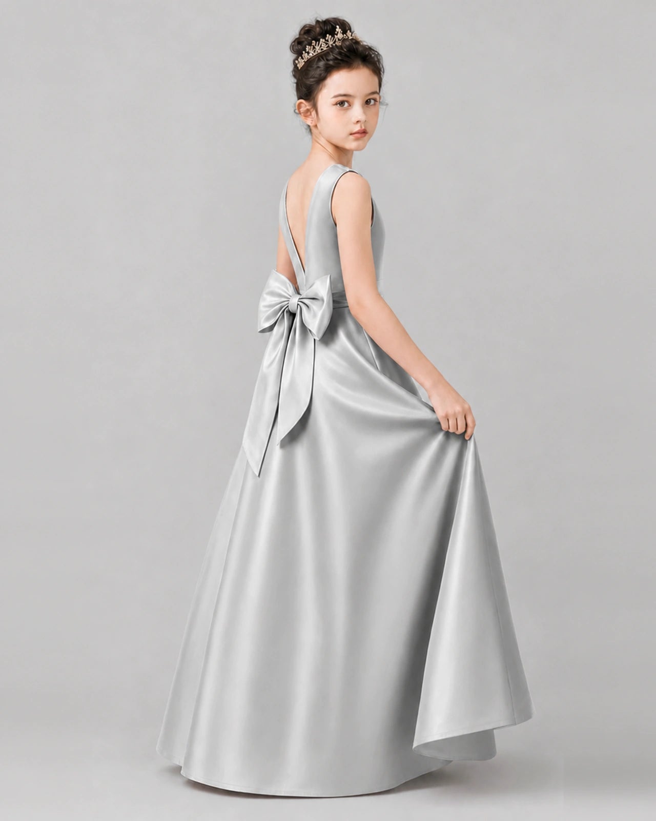 Silver Satin A-line Girls Formal Dress Side View