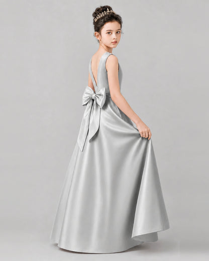 Silver Satin A-line Girls Formal Dress Side View