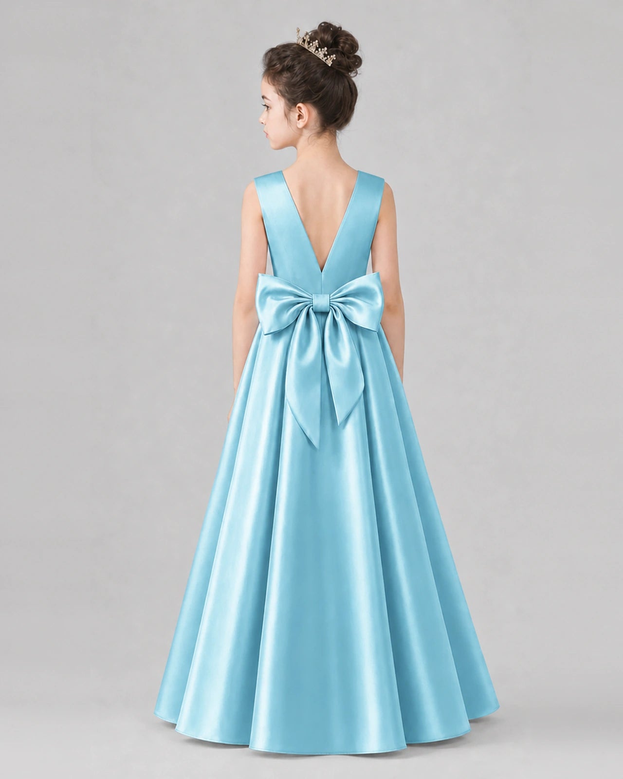 Sky Blue Satin A-line Girls Formal Dress Back View