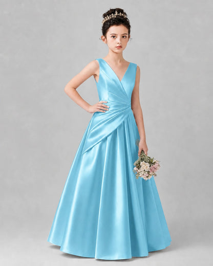 Sky Blue Satin A-line Girls Formal Dress Front View