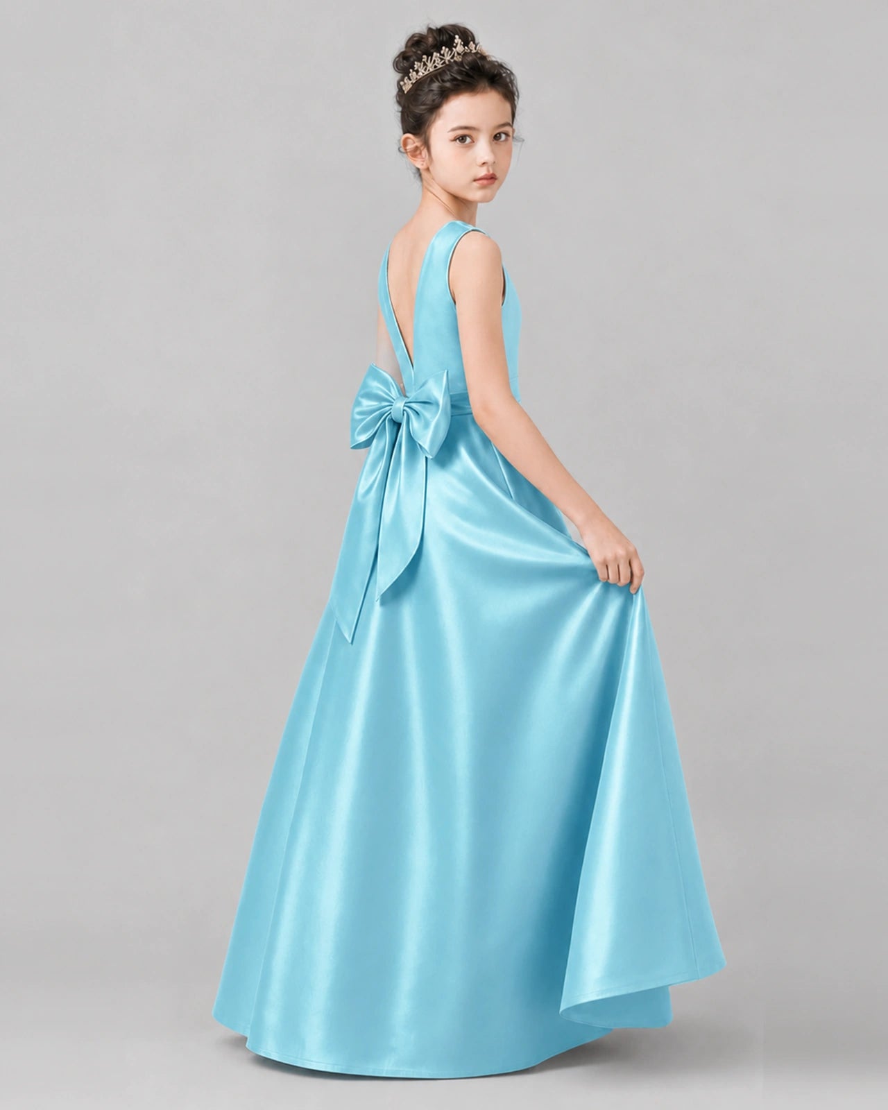 Sky Blue Satin A-line Girls Formal Dress Side View