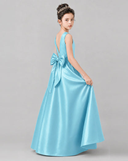 Sky Blue Satin A-line Girls Formal Dress Side View