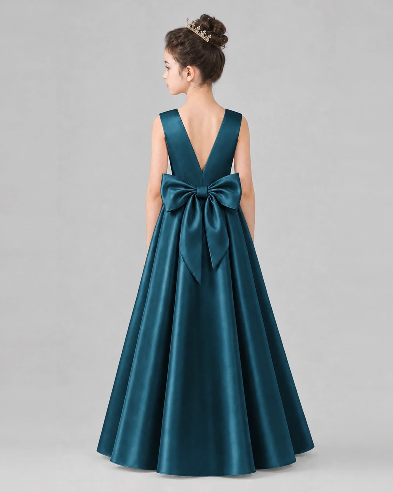 Teal Satin A-line Girls Formal Dress Back View