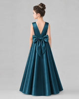 Teal Satin A-line Girls Formal Dress Back View