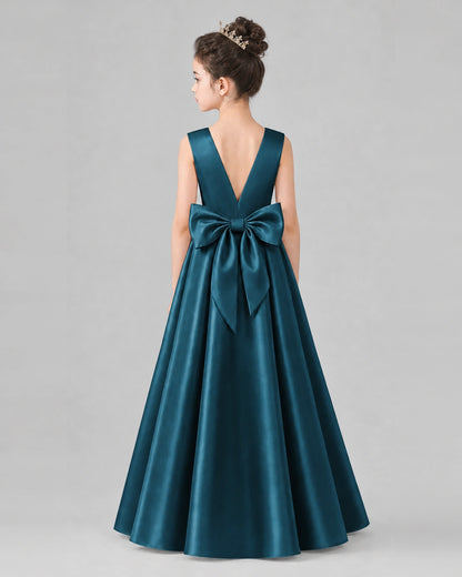 Teal Satin A-line Girls Formal Dress Back View