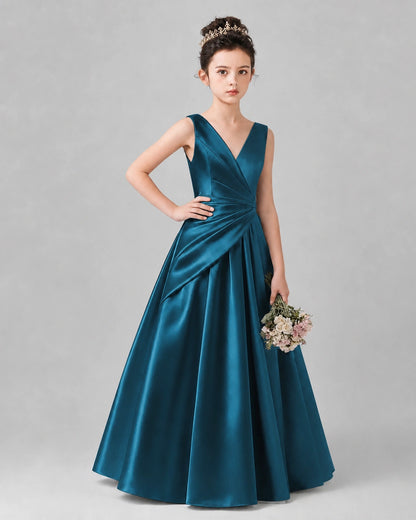 Teal Satin A-line Girls Formal Dress Front View