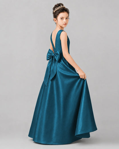 Teal Satin A-line Girls Formal Dress Side View