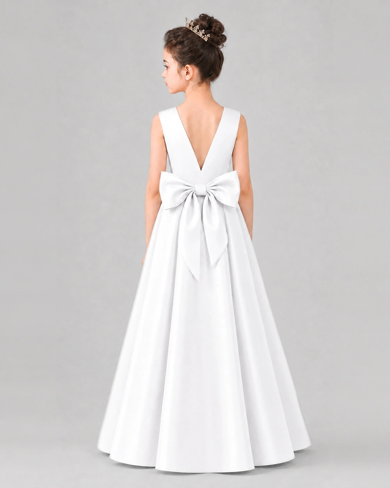 White Satin A-line Girls Formal Dress Back View