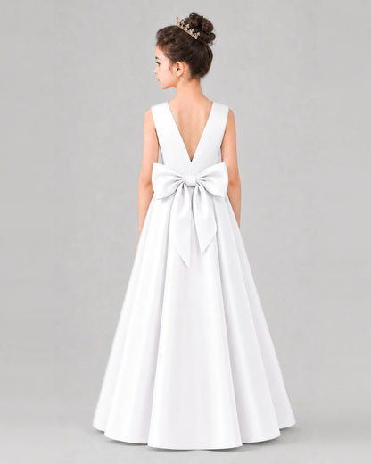 White Satin A-line Girls Formal Dress Back View
