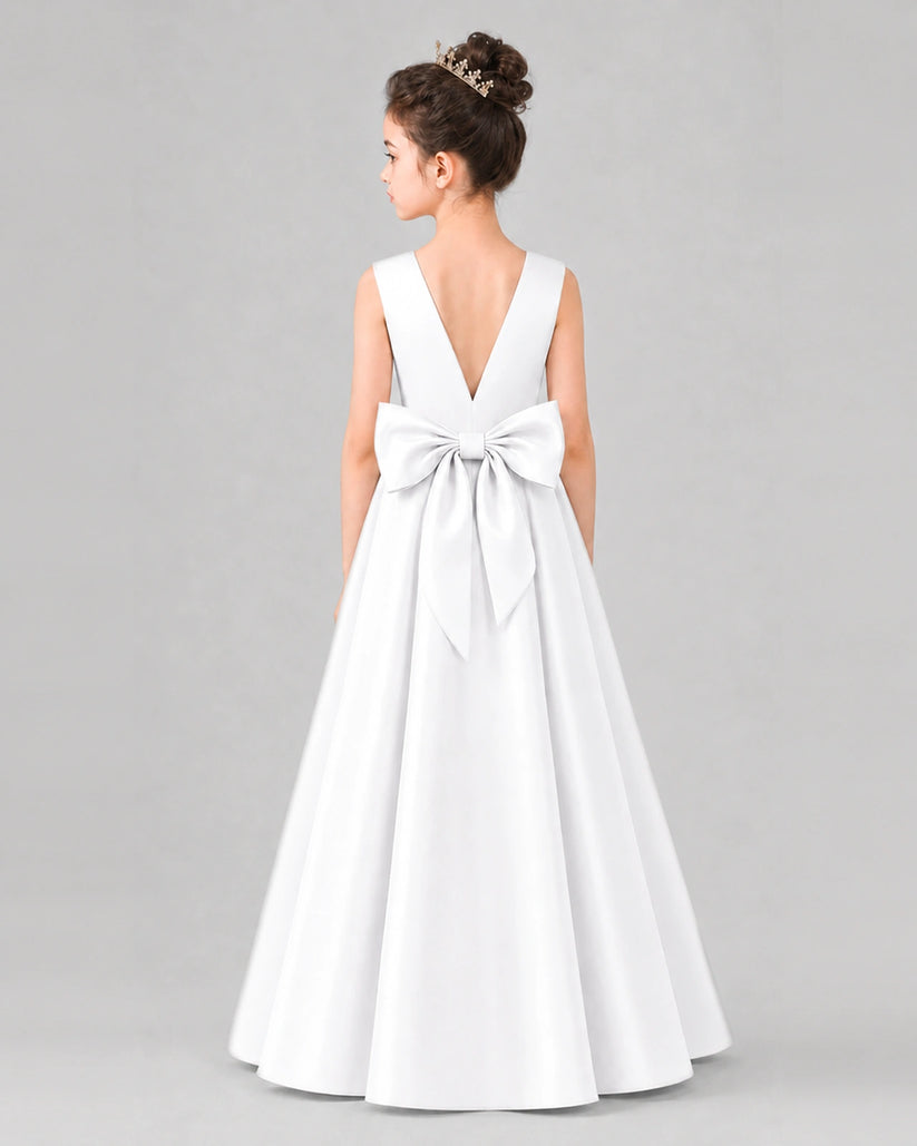 White Satin A-line Girls Formal Dress Back View