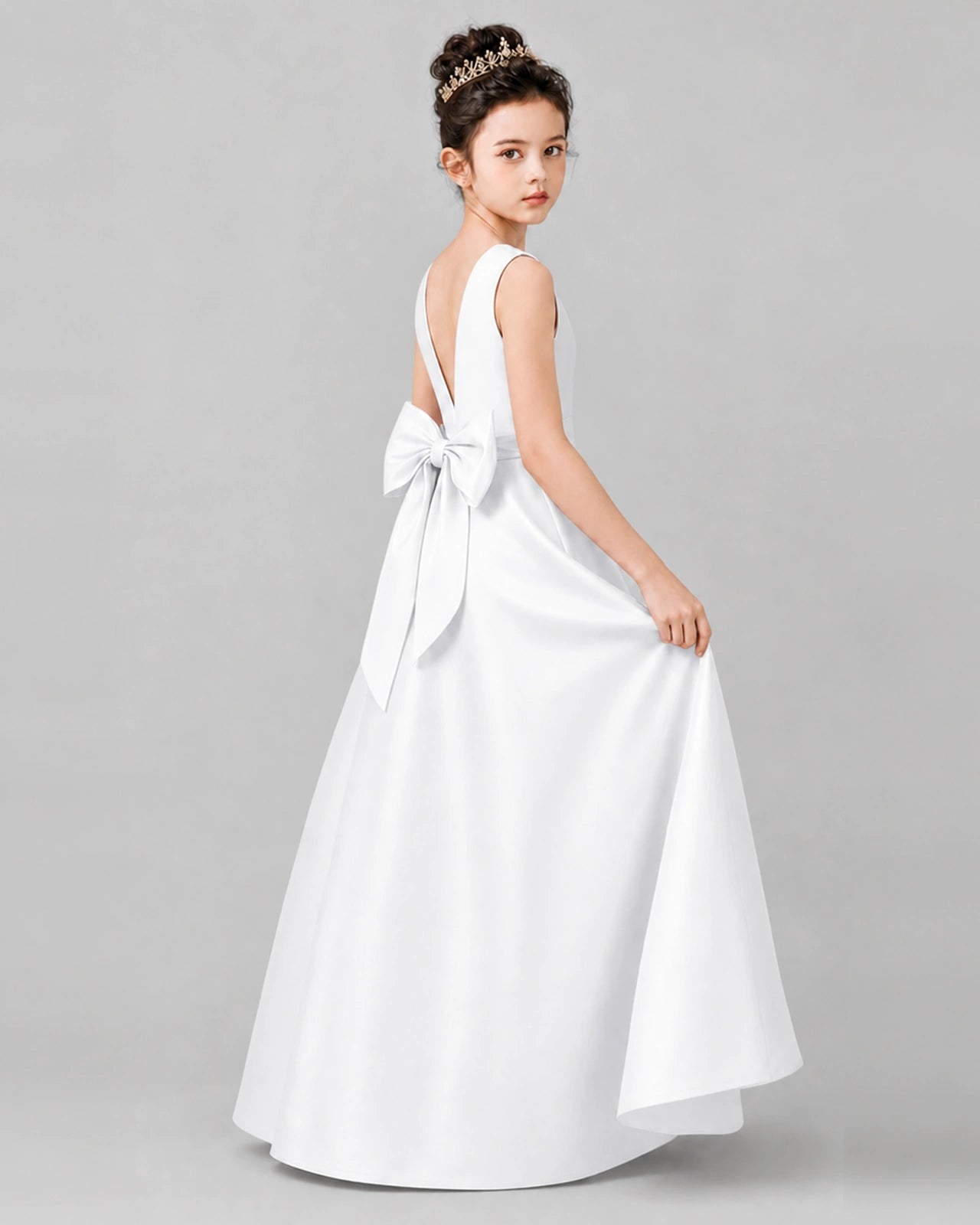White Satin A-line Girls Formal Dress Side View