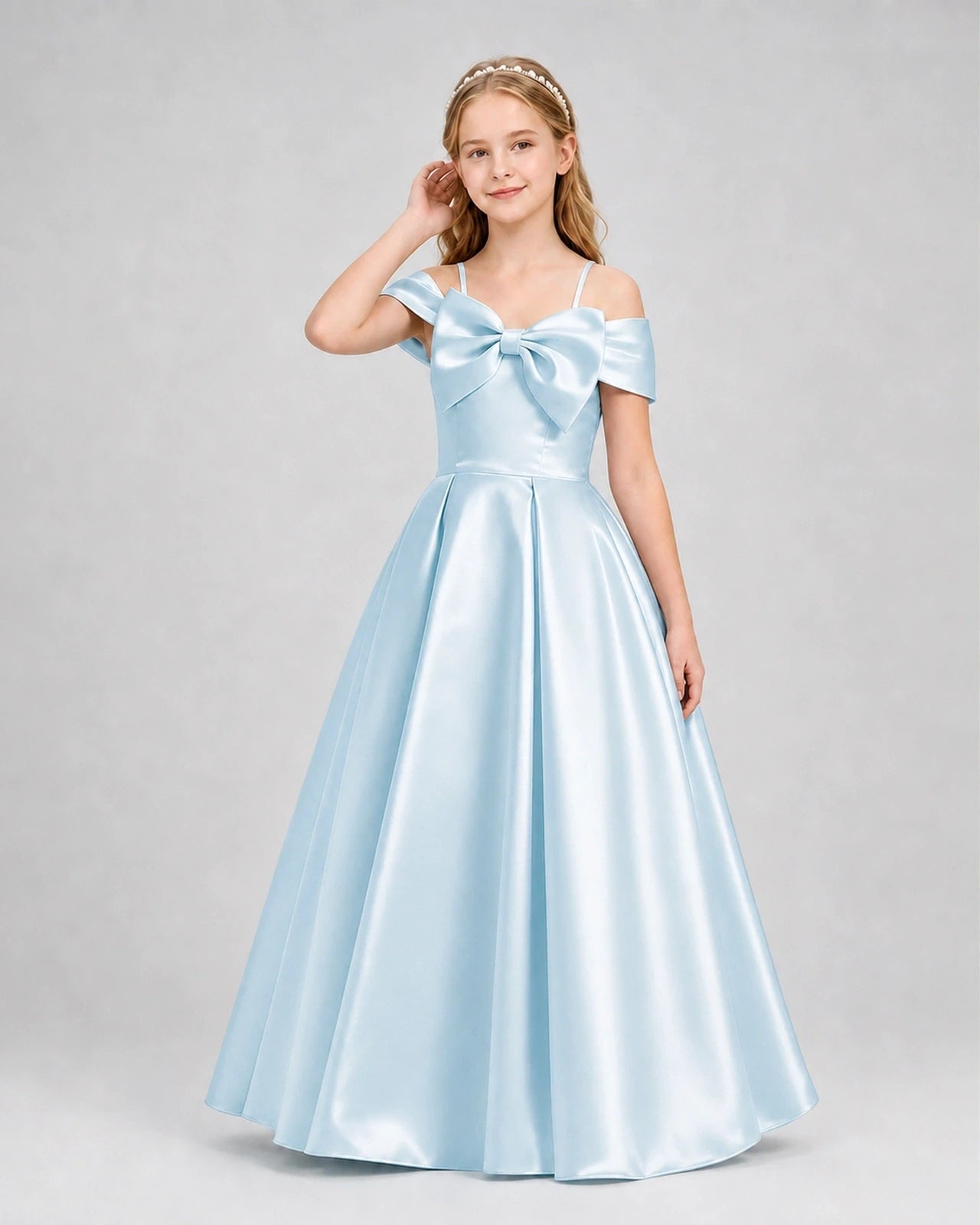 Baby Blue Satin A-Line Girls Formal Dresses Front View