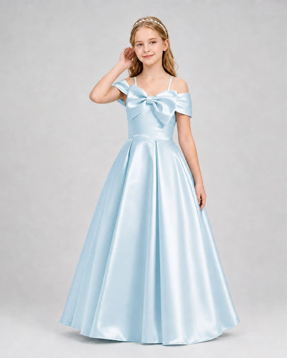 Baby Blue Satin A-Line Girls Formal Dresses Front View