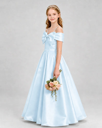 Baby Blue Satin Off-The-Shoulder Bow A-Line Girls Formal Dresses Side View