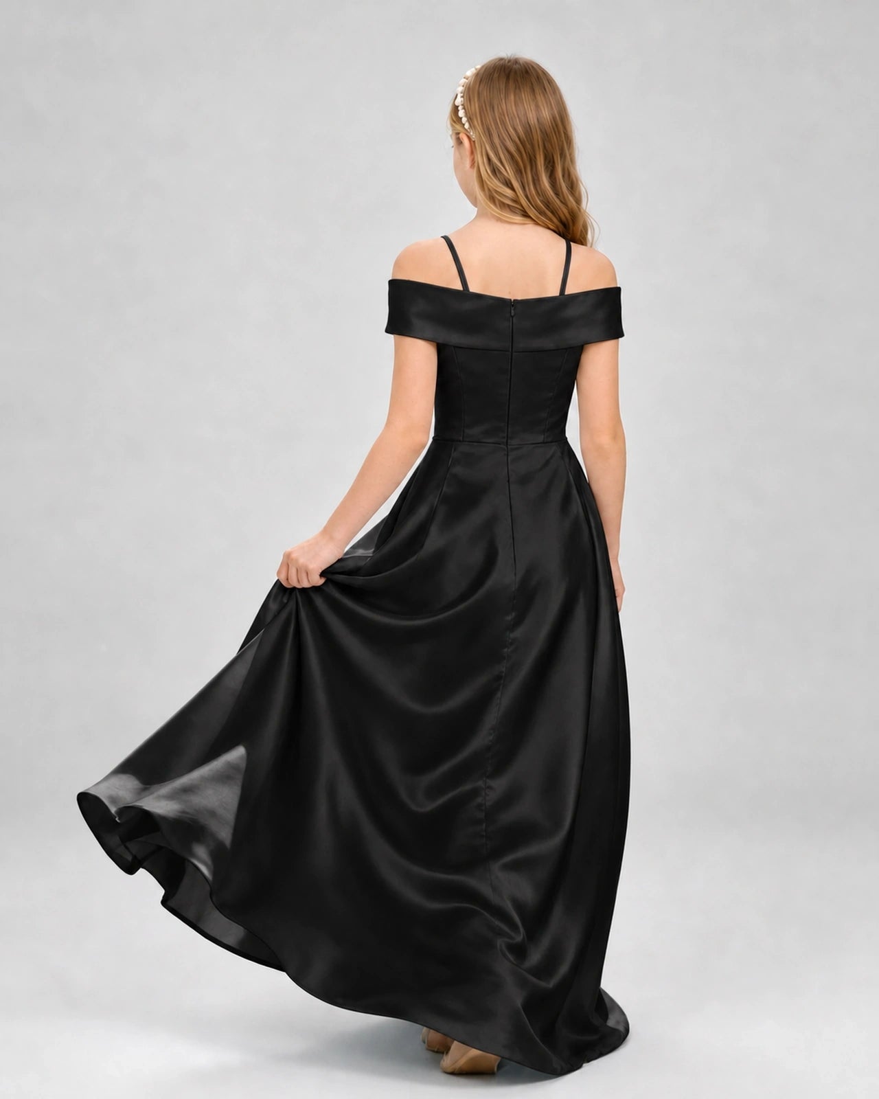 Black Satin Off-the-Shoulder Girls Formal Dresses Back View