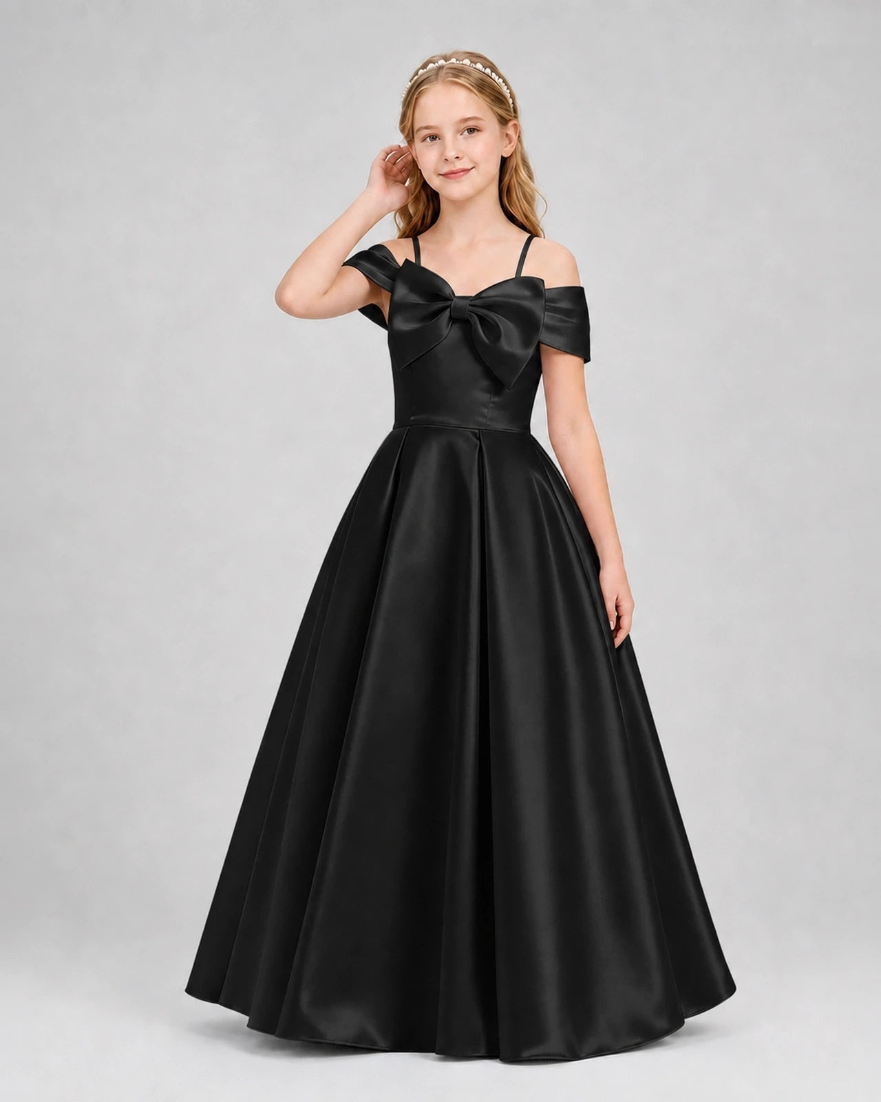 Black Satin Off-The-Shoulder Bow A-Line Girls Formal Dresses Front View