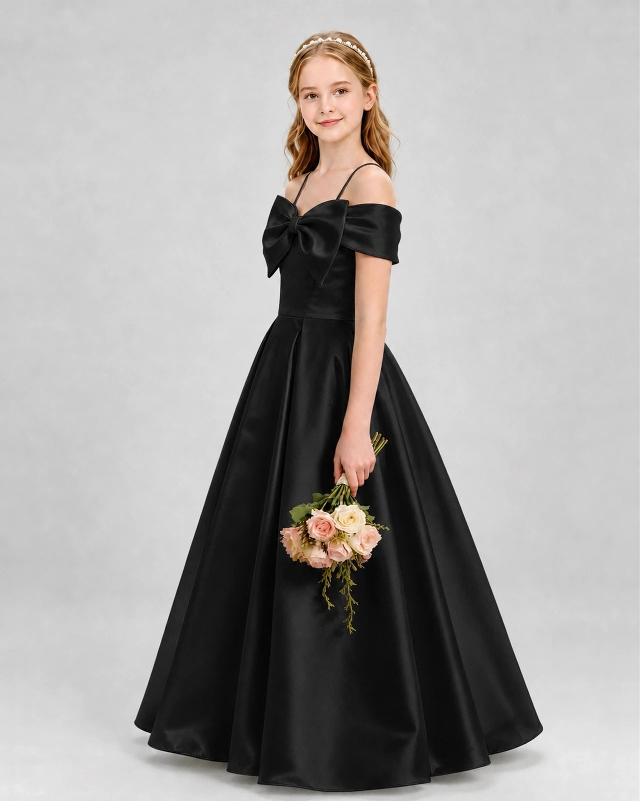 Black satin off-the-shoulder bow girls formal dress Side View