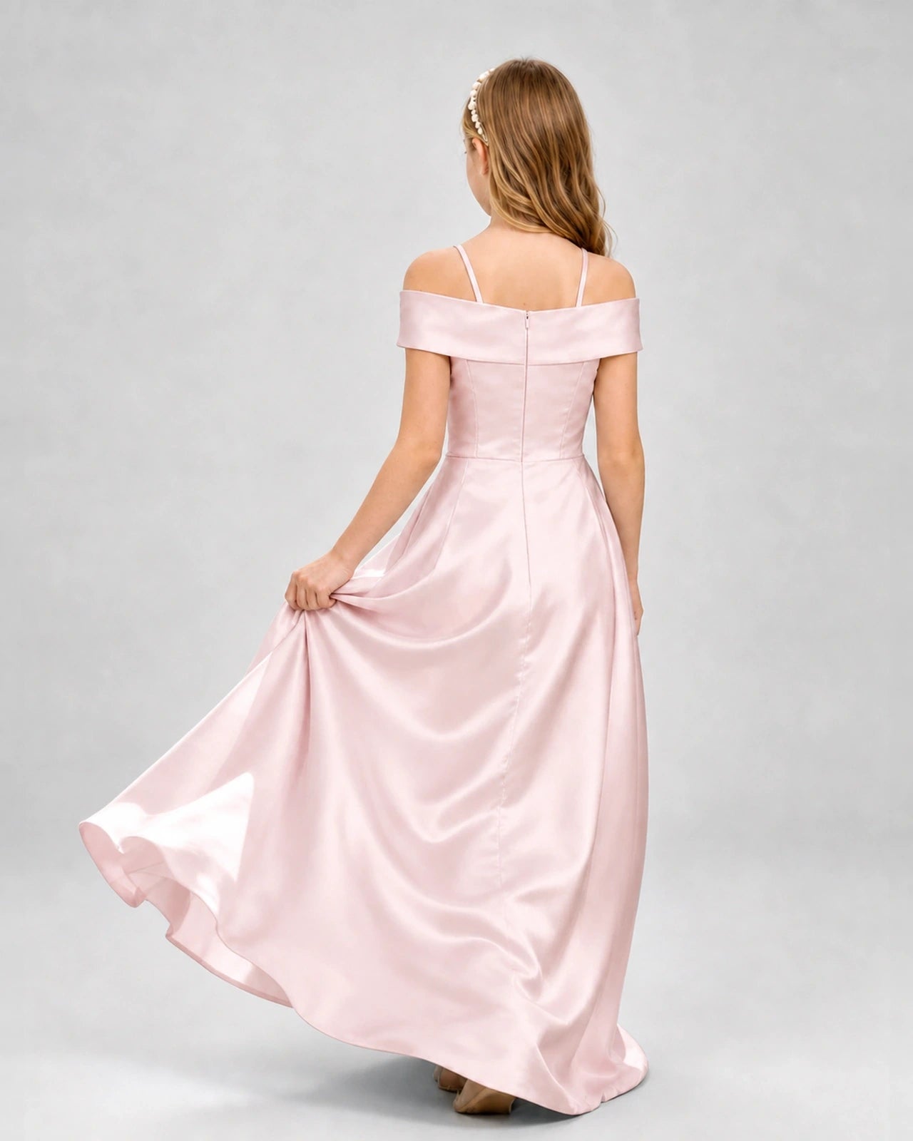 Blush Pink Satin Off-The-Shoulder Girls Formal Dresses Back View