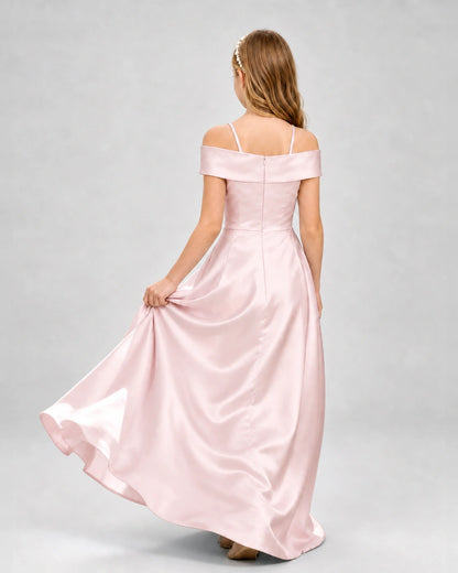 Blush Pink Satin Off-The-Shoulder Girls Formal Dresses Back View